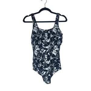 Lands' End Floral One Piece Swimsuit Tummy Control Black White Size 12